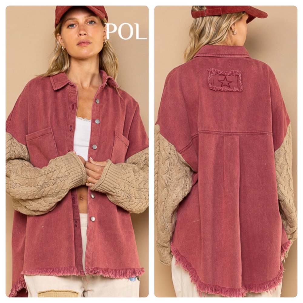 POL Oversized Frayed Edge Sweater Sleeve Shacket Size Small
